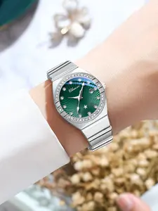Luxurious Women's Quartz Watch with / Face and Diamond Accents, Fashionable Calendar Wristwatch, Elegant Ladies' Timepiece