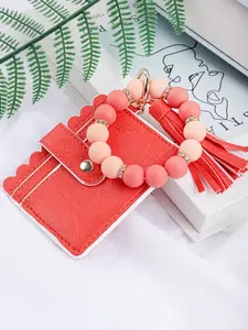 1PC Cute Beaded Wristlet Keychain with Tassel & Card Holder – Silicone Bracelet Keychain for Women, Car Key Holder, Fashionable Girly Accessory, Colorful Faux Leather Wallet Keychain, Perfect Gift for Teens & Adults