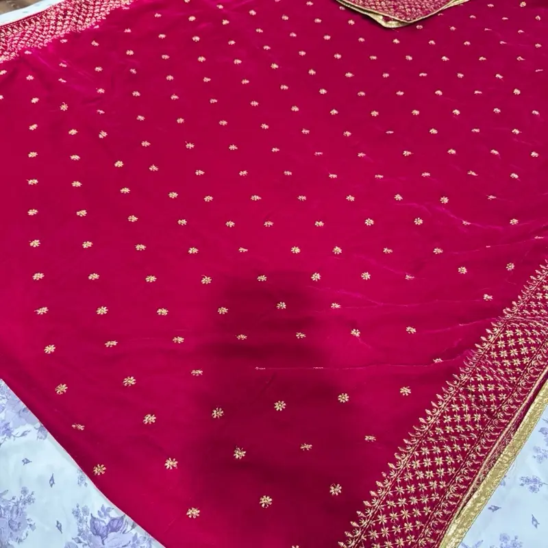 Hot Pink Velvet Dupatta, Golden Embroidered Shawl for Women's Traditional Outfits