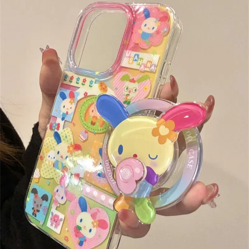 Gradient Silicone Magnetic Color-Spliced Rabbit Ear Protective Case for Multiple iPhone Models (11-17 Pro Max), Shockproof Mobile Accessory with Rotatable Bracket, Handheld-Compatible Cover