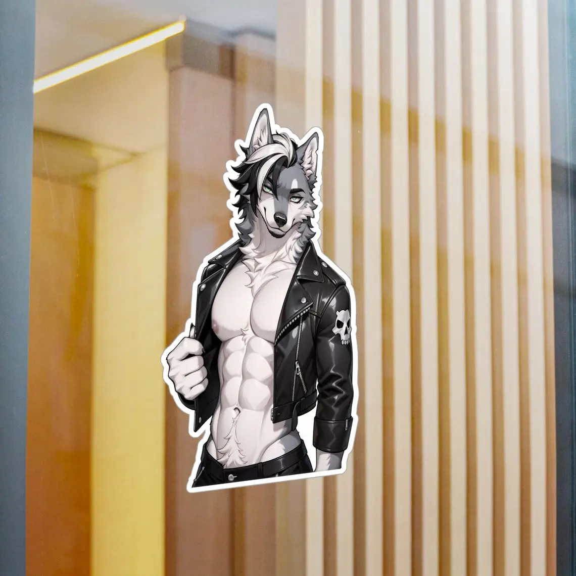 Wolf Anthro Furry, Anime Animal Biker Wolf Stud Cute Girl Decal, Kawaii Vinyl Sticker for Waterproof Sticker for Water Bottle, Laptop, Fan Gift