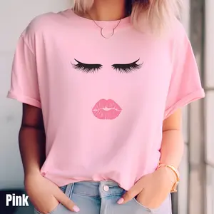 Eyelash Shirt, Coquette Aesthetic Tee, Soft Girl Era T-shirt, Makeup Inspired Top, Girly Eyelashes and Lips Design, Stylish Kiss Graphic Shirt Casual Womenswear