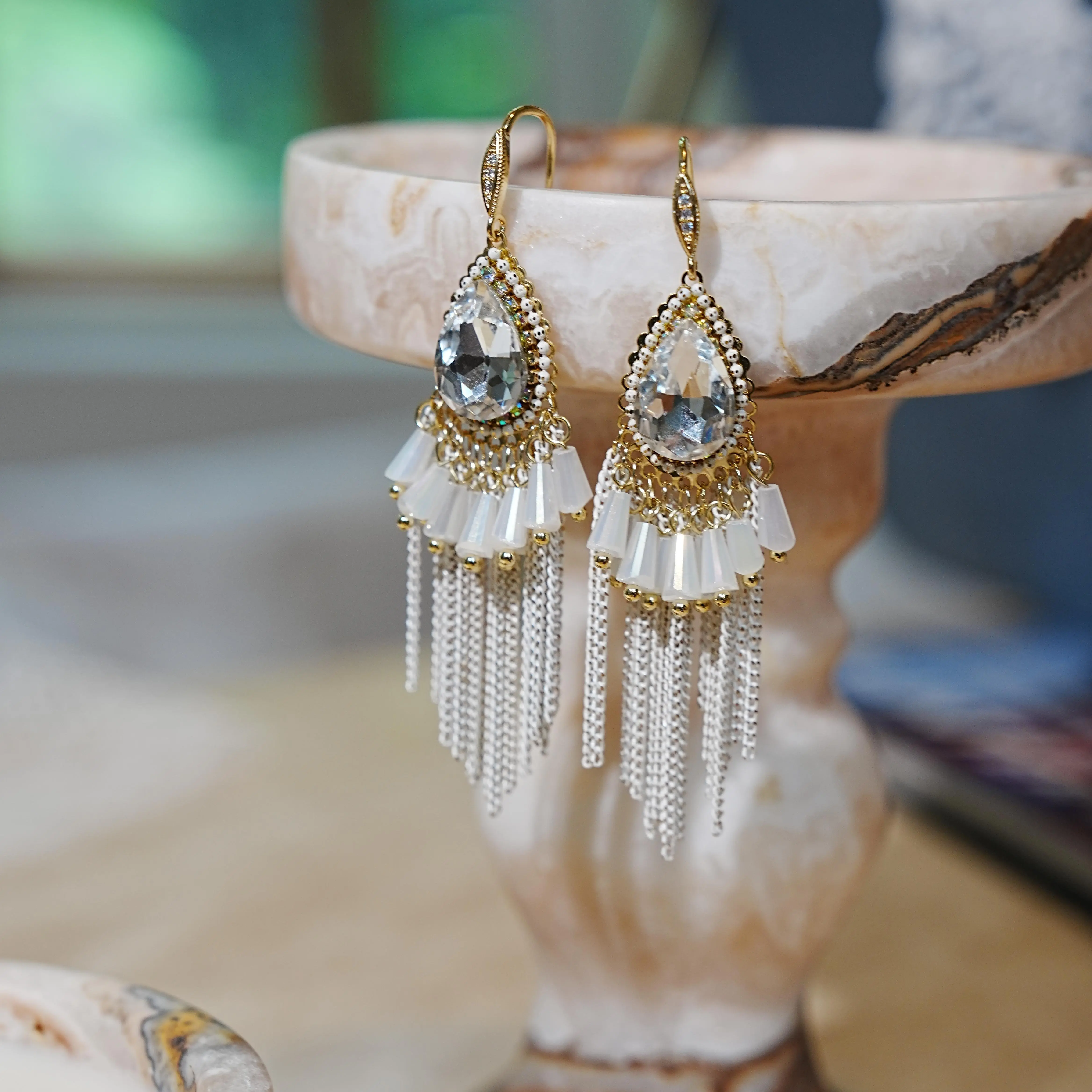 Bohemian Teardrop Crystal Tassel Drop Earrings, Vintage Gold Fringe Chain Dangle Earrings, Wedding Party Statement Jewelry for Women