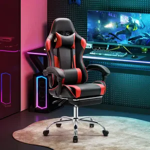 Ergonomic Gaming Chair With Lumbar Support & Footrest, PU Leather Lounge Chair With Adjustable Headrest & Fixed Armrests, 360° Rotation & Height Adjustment, Stylish Black & Blue Design For Recording Studio Or Gaming Setup, Comfortable Seating