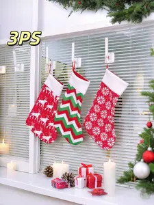 Three Christmas Socks Set, Soft Plush Fabric Printed Design, Perfect Gift Bag & Fireplace Decoration, Festive Holiday Accessories