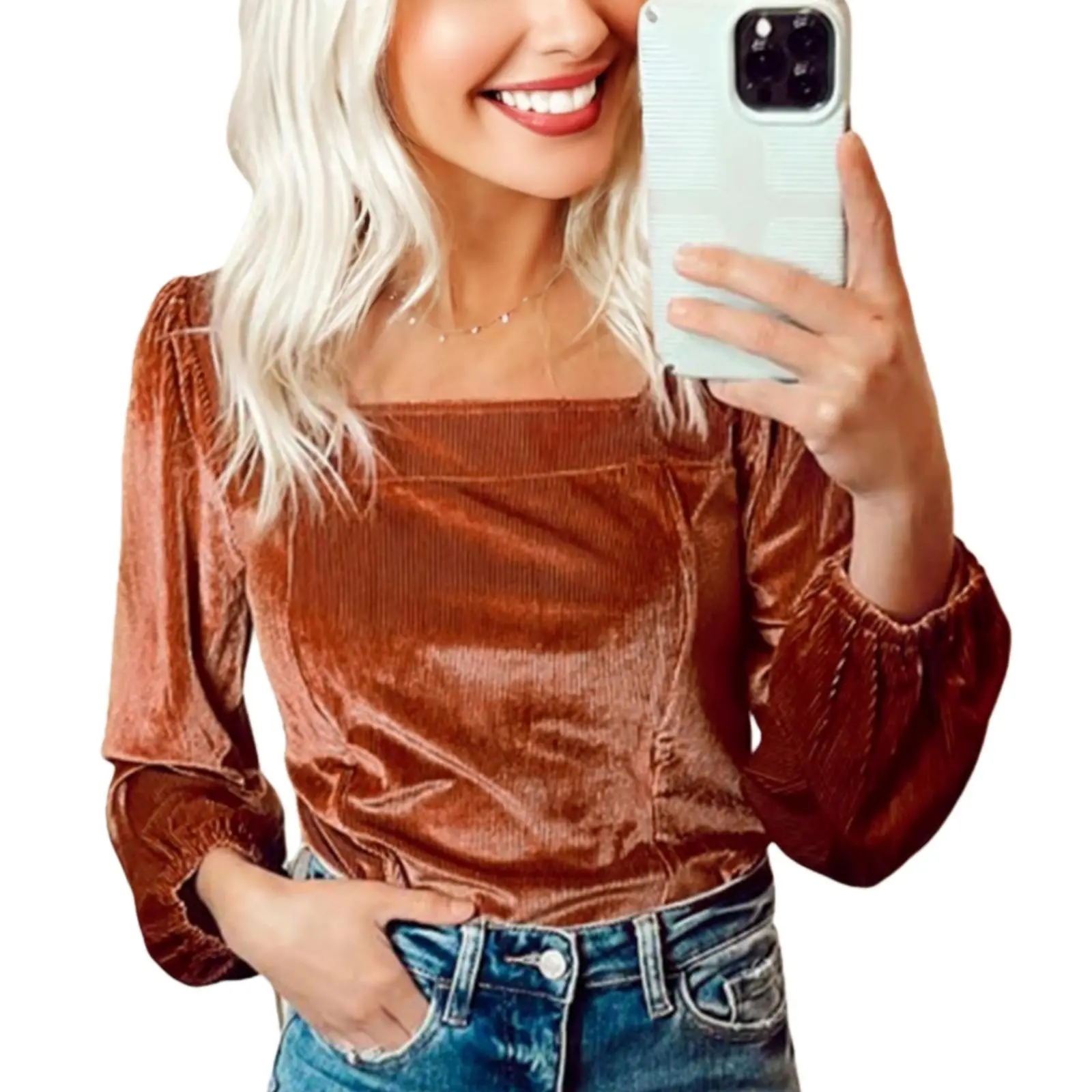Asvivid Women's Elegant Velvet Ribbed Texture Square Neck Slim Puff Sleeve Top Spring Fall Fashion Shirts Chic Vintage Look