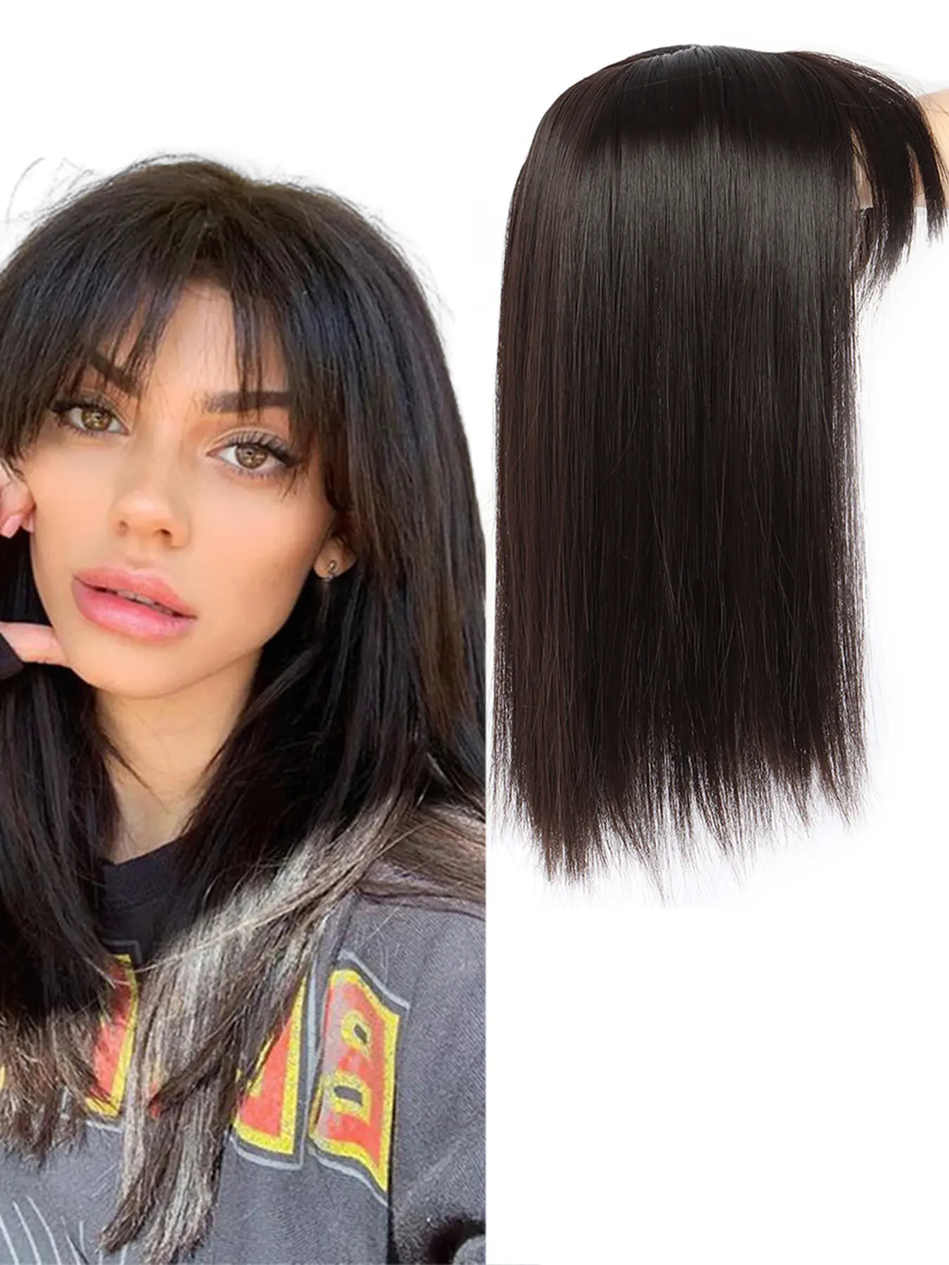 14inch Women's Medium Length Straight Hair Topper Wig,（brownish Black, Light Brown） Front Bangs Design, Synthetic Material Wigs, Synthetic Smooth Wig, Fashion Wig, Perfect for Daily Wear & Special Occasions, Glueless Black Wig