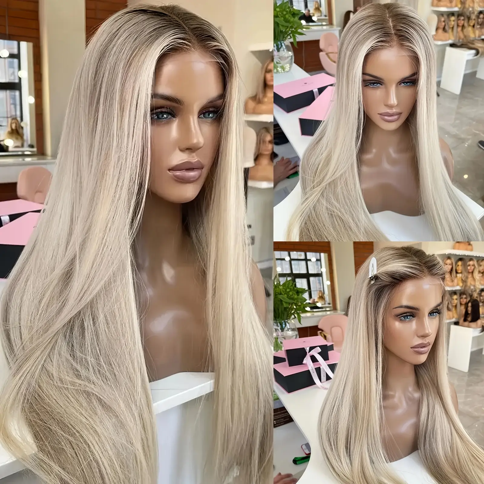 Phyoung Hair Ombre Champagne Blonde Lace Frontal Synthetic Wig Long Straight Prelucked Hair Gluesless Heat Resistant Fiber Hair Gifts for Girlfriend