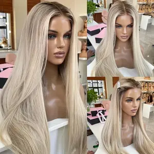 Phyoung Hair Ombre Champagne Blonde Lace Frontal Synthetic Wig Long Straight Prelucked Hair Gluesless Heat Resistant Fiber Hair Gifts for Girlfriend