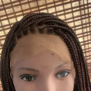 African Handmade Lace Front Box Braided Wig Brown Micro Braids Glueless Adjustable Cap Natural Hairline Ready to Wear