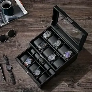 Luxury 20-Slot Watch Box Organizer with Glass Lid PU Leather Jewelry Display Case for Men's Accessories