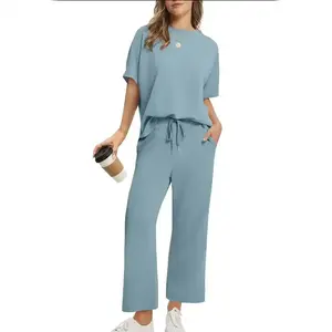 2 Piece Sets for Women Soft Short Sleeve Matching Lounge Set Wide Leg Pants Tracksuit Travel Summe Travel Kitr Outfits 2025