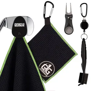 Big Microfiber Golf Towel with Magnet and Clip (20x20) - Small Pocket Golf Towel (6x6) - Golf Club Brush Groove Cleaner and Divot Tool for Men and Women