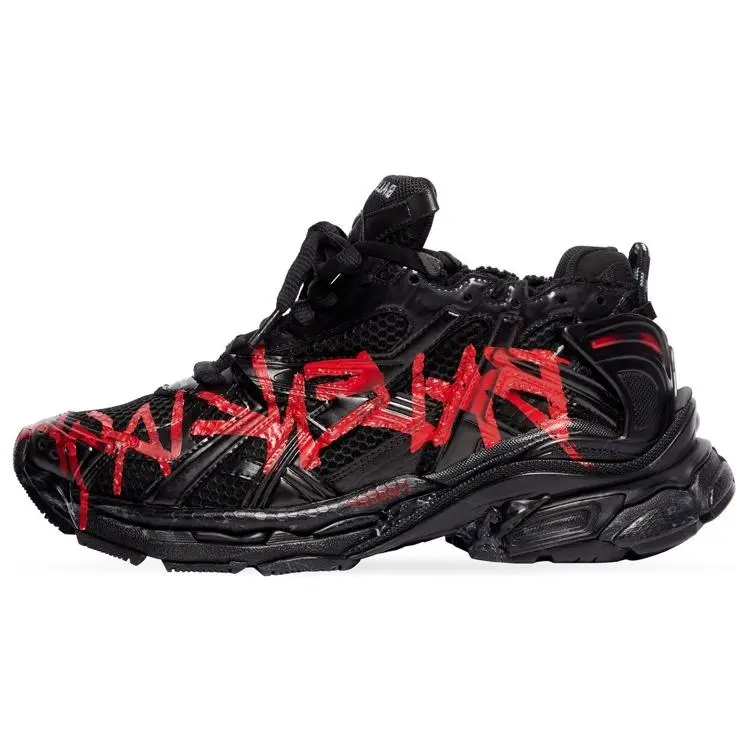 Balenciaga Runner Graffiti Mesh Low-Top Sneakers for Men, Black and Red Sporty Running Shoes, Activewear Footwear with Lace-Up Closure, Breathable Mesh, Cushioned Foam Heel