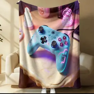 Neon Techno Style Printed Blanket, Flannel Blanket, Gamepad Design Is Full of Digital and Technological Psychedelia, Soft and Cozy, Suitable for Sofa, Bedroom and Travel, All Seasons