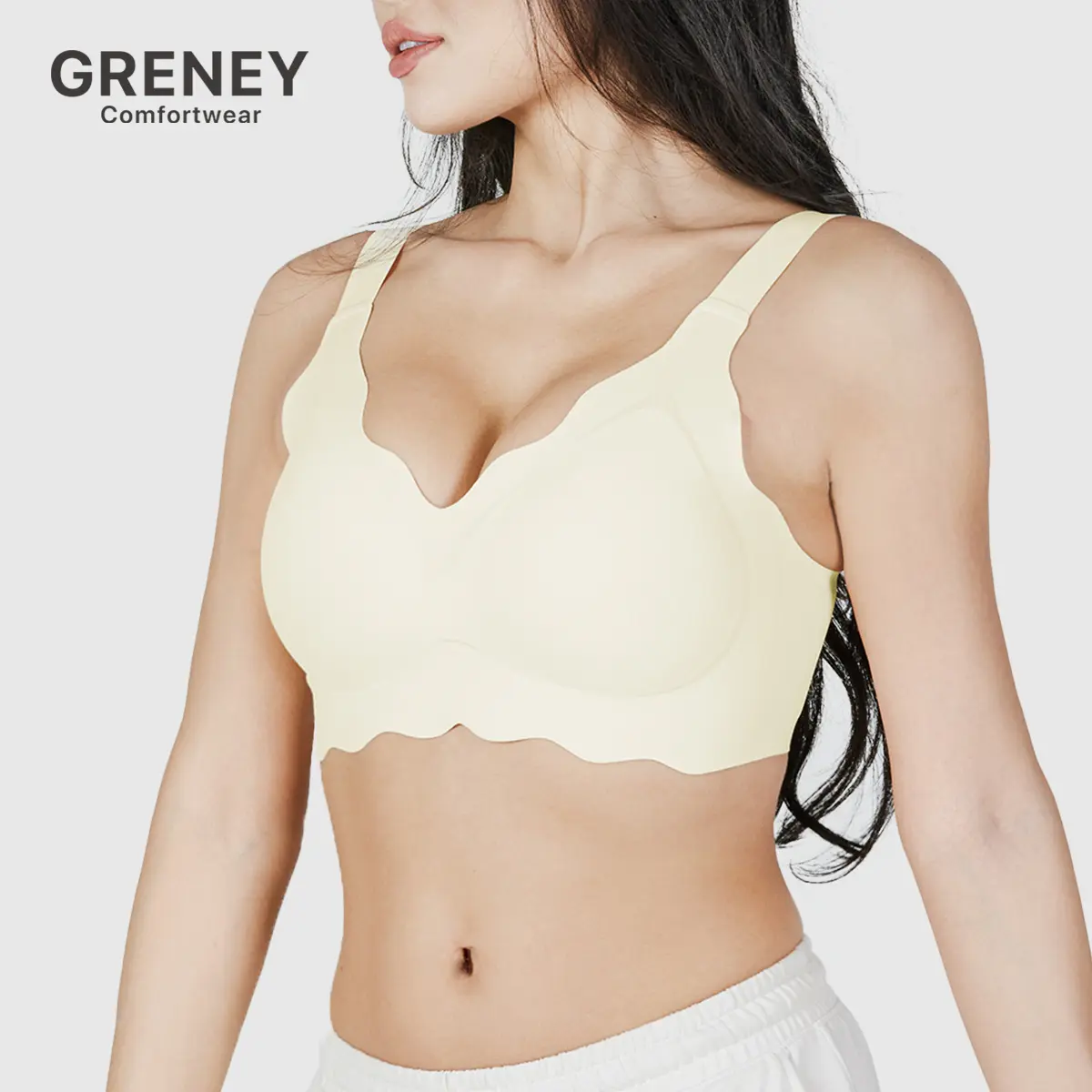 GRENEY-Gplus-Large Bust Fine Striped Back Hook Bra Wireless Comfortable Plus Size Push Up Breathable Adjustable Seamless Soft Cup Support 3/4 Coverage Fine Striped Texture Wavy Neckline-89689