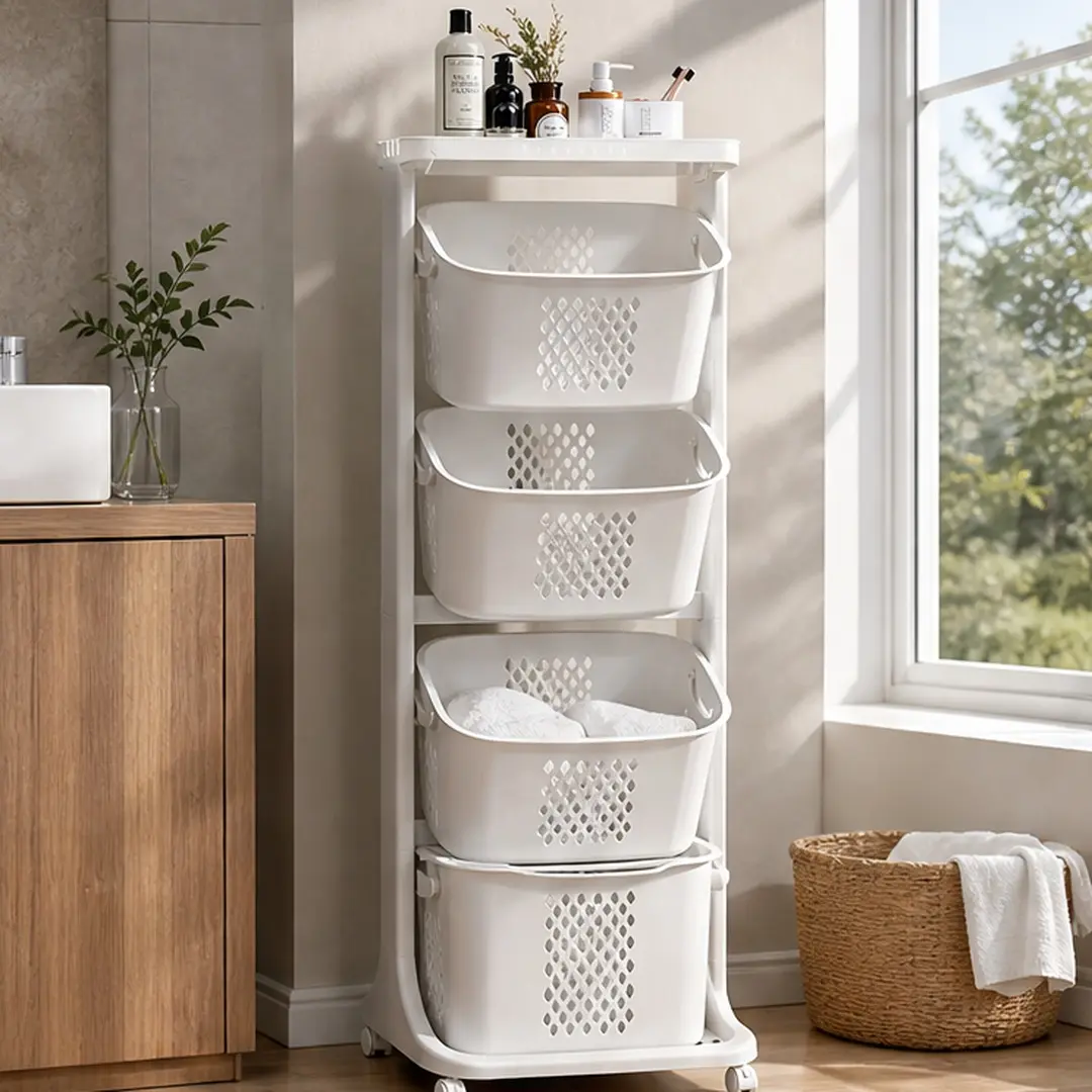 ARCH 4-Tier Laundry Hamper Sorter with Wheels, Removable Rolling Laundry Baskets, Plastic Laundry Storage Organizer Cart for Bathroom, Laundry Room, Primary Living Space, White, Multiple Tier Options, White Color Options, Plastic Material