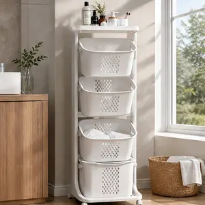 ARCH 4-Tier Laundry Hamper Sorter with Wheels, Removable Rolling Laundry Baskets, Plastic Laundry Storage Organizer Cart for Bathroom, Laundry Room, Primary Living Space, White, Multiple Tier Options, White Color Options, Plastic Material