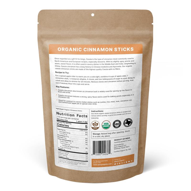 SPICY ORGANIC Cinnamon Sticks - 100% USDA Certified Organic - With Strong Aroma, Ideal For Cooking & Baking Flavor Spice