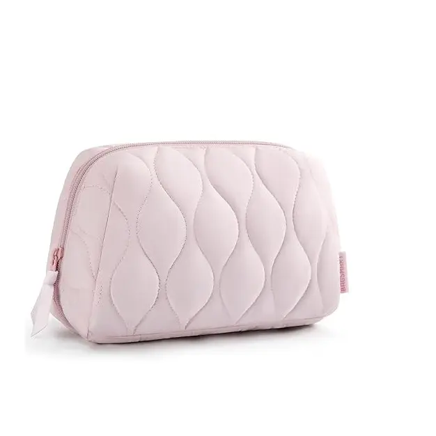 BAGSMART Makeup Bag, Travel Cosmetic Bag, Puffy Padded Make up Bag for Women, Makeup Organizer Case, Wide-open Pouch Purse, Travel Essentials, Toiletries Accessories Brushes, Pink