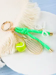 1/2 PC Sports Racket Keychain,Gold Plated Alloy Mini Racquet Charm with Flocked Ball/Shuttlecock, Colorful Braided Knotted Rope, Faux Pearl Bow Bag Pendant, Elegant Sporty Accessory for Women, Ideal Gift for Sports Fans, Car Key Holder Backpack Decoration