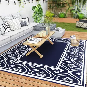 8' x 10' Reversible Outdoor Rug – Blue & White Gourd Border. Double-Sided – 2 Color Schemes. Waterproof Plastic Straw Material. Includes Carry Bag. Perfect for RV, Camping or Patio