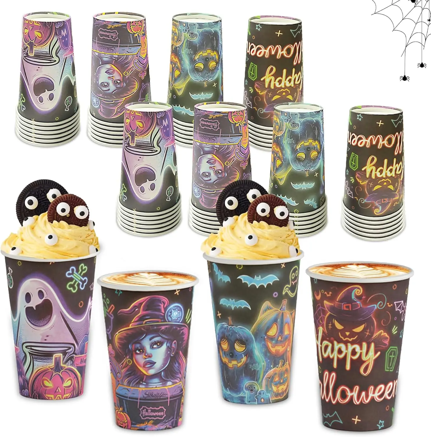 48 Pack Halloween Disposable Cups -16OZ Neon Glow Disposable Halloween Paper Cups Set 4 Styles for Trick or Treat Party Supplies Coffee Wine Juice and Hot Cold Drinks