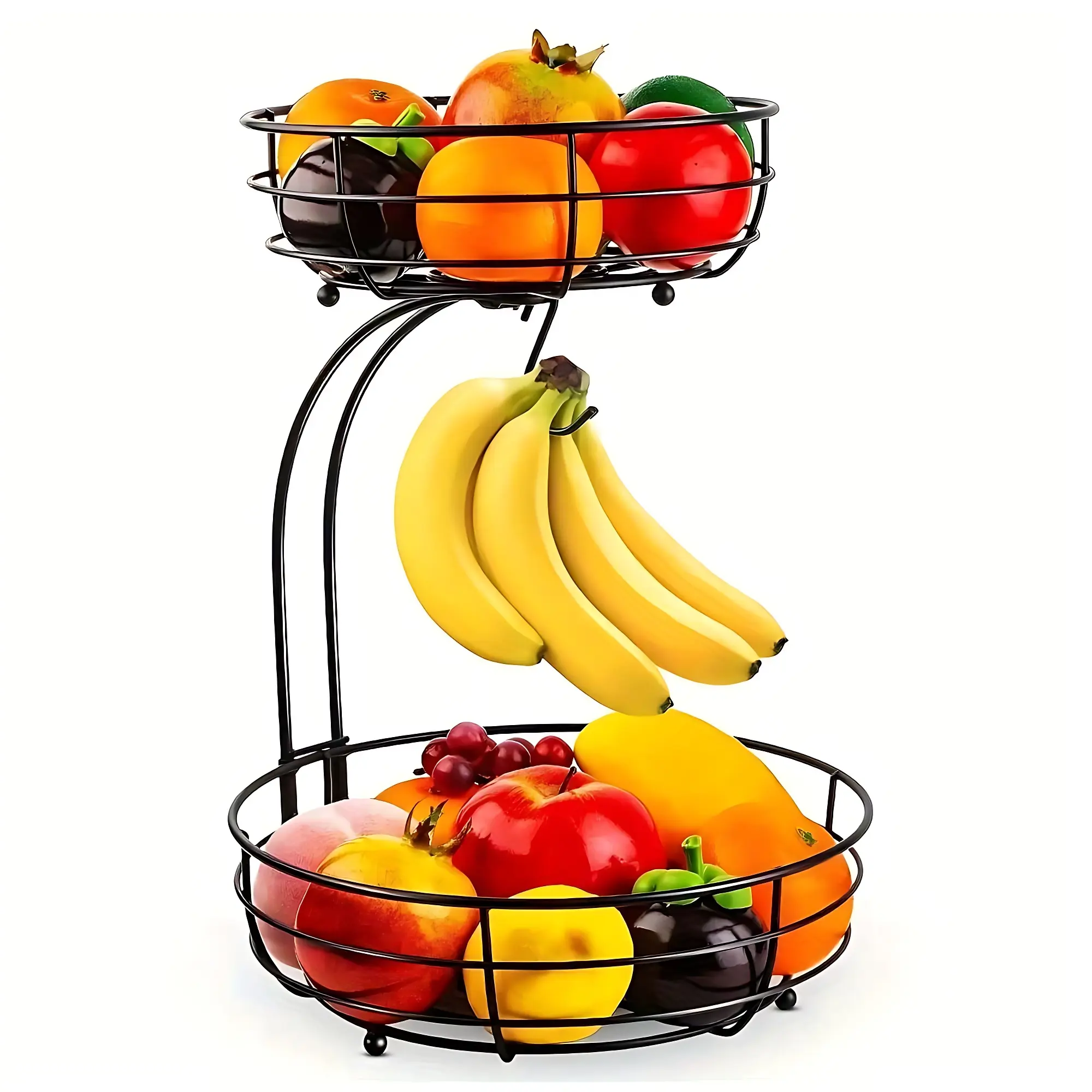 French Country 2-Tier Round Collapsible Metal Wire Fruit Basket Bowl Tool - Hangable Design, Banana Hanger, Kitchen Countertop Storage Organizer for Bread, Snacks