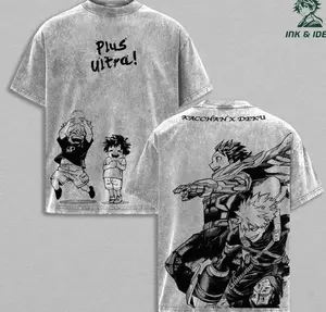 Deku & Bakugo Vintage Oversize Washed T-Shirt, My Hero Academia Heavy Cotton Graphic Tee, Retro Anime Streetwear for Men and Women NFH QCS