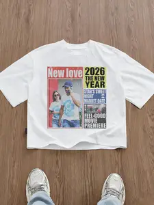 Unisex White 2026 New Year Vintage Newspaper Couple Print Oversized T-Shirt | American Retro Washed Casual Top