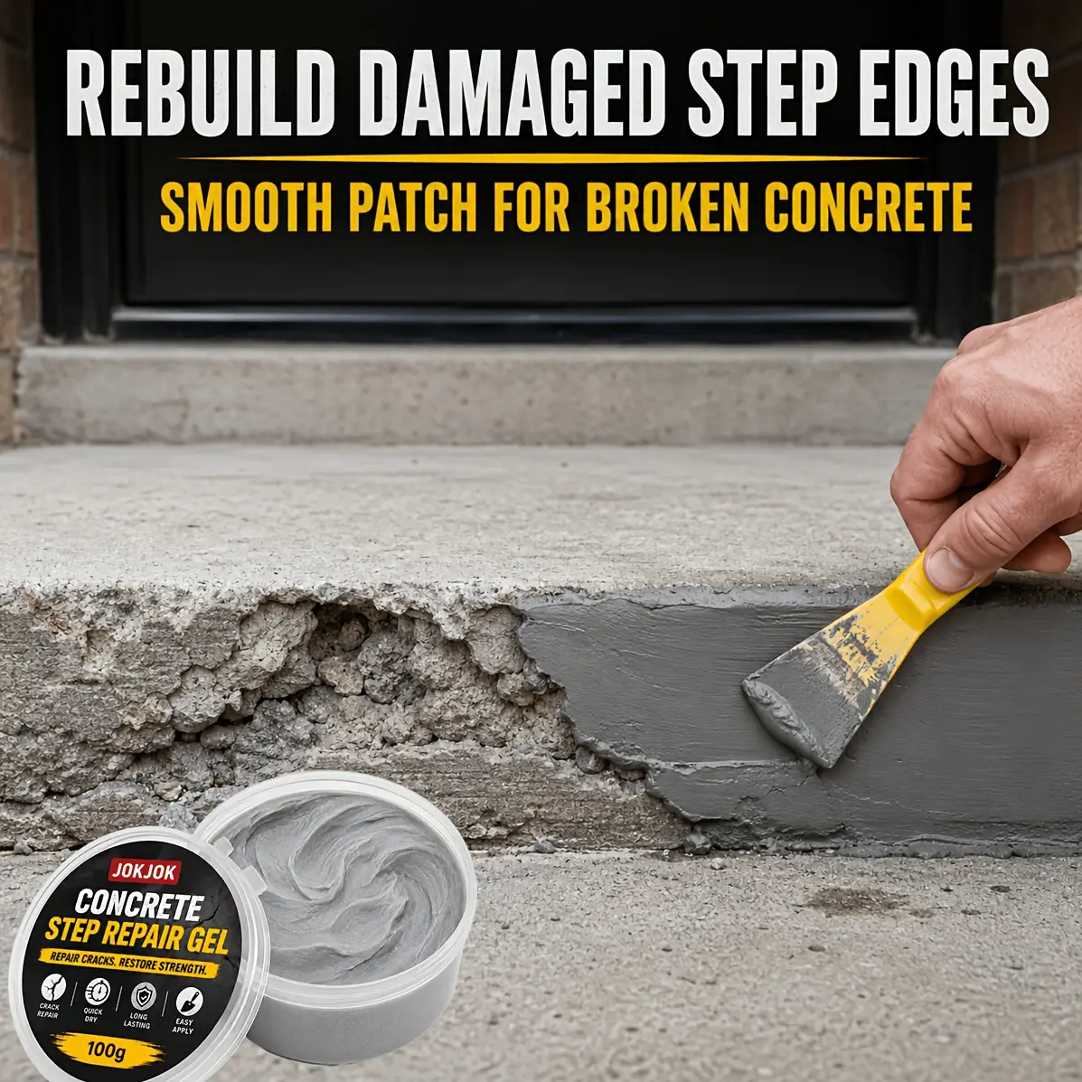 Chipped Concrete Step Repair Putty - Gray Concrete Edge Filler for Front Porch Steps, Garage Entry Stairs, Patio Corners, Cracks, Chips, Gaps And Rough Cement Surface Patching