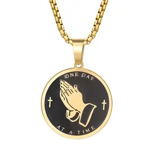 Yaumatea Easter Basket Stuffers - Serenity Prayer Necklace with Praying Hands Coin Pendant, Lords Prayer Bible Verse Courage Wisdom, First Communion Confirmation Religious Jewelry for Men Women, Stainless Steel 24 inches