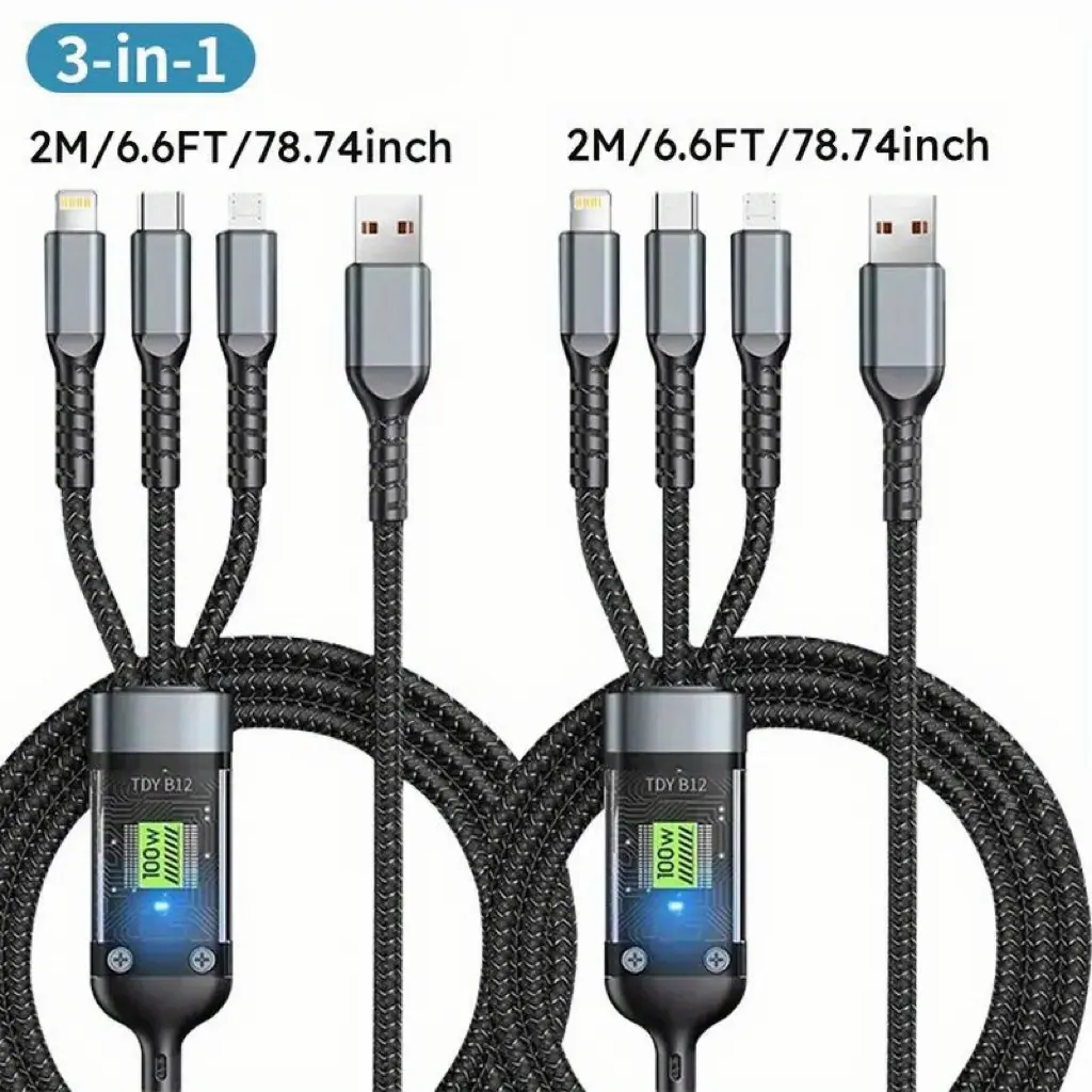 2Pack 100W 3 in 1 Fast Charging Cable, Digital Display PD Fast Charge, Nylon Braided 6.6FT, Compatible with iPhone Samsung Type C Micro USB Android Devices