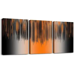 Orange and Black Canvas Wall Art,12"x16" 3 Piece Vintage Abstract Picture Wall Decor,Pink Messy Rust Wall Artwork Posters,Strip Lines Room Gift