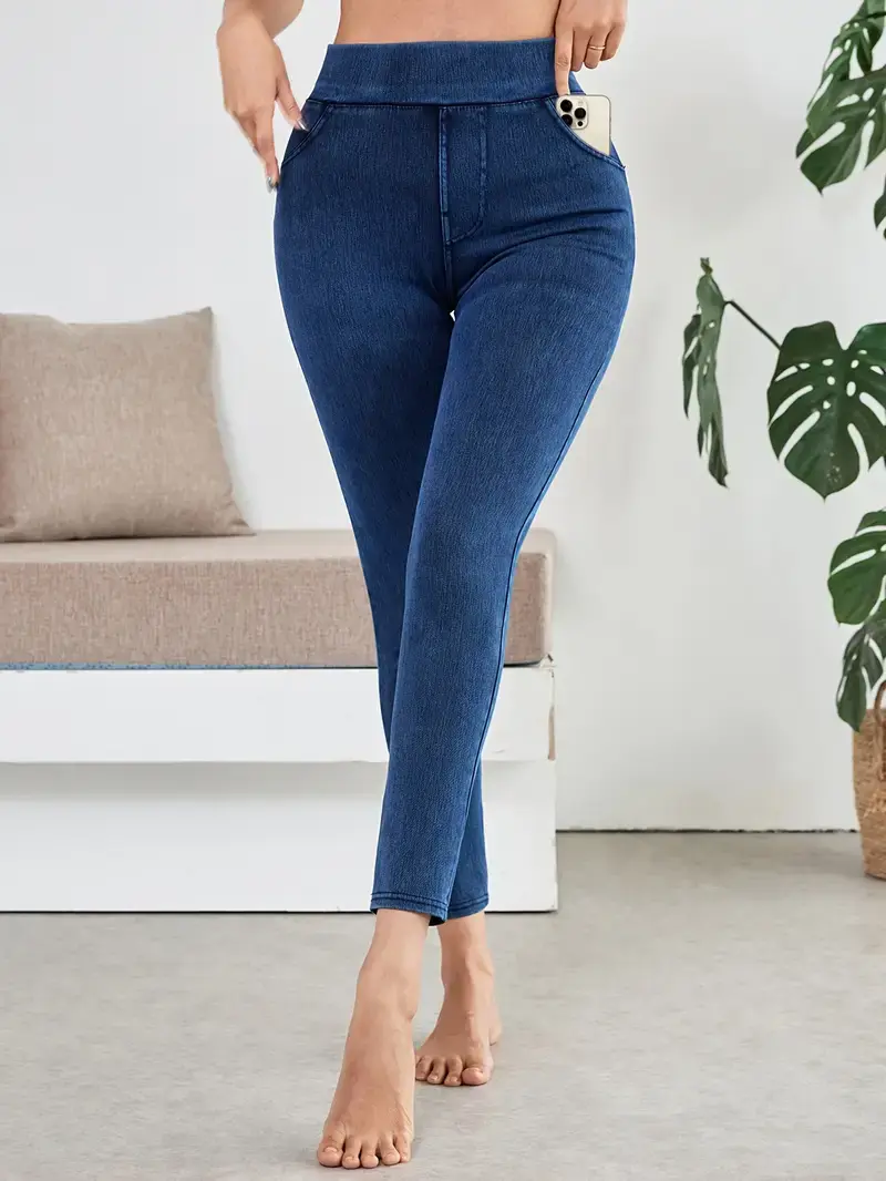 Lady's High-Waisted Stretchy Soft Belt-Pocket 9-Point Skinny Trouser Bottoms, Slim-Fitting Daily Cycling Sports Joggers, Navy Blue Basic Sweatpants