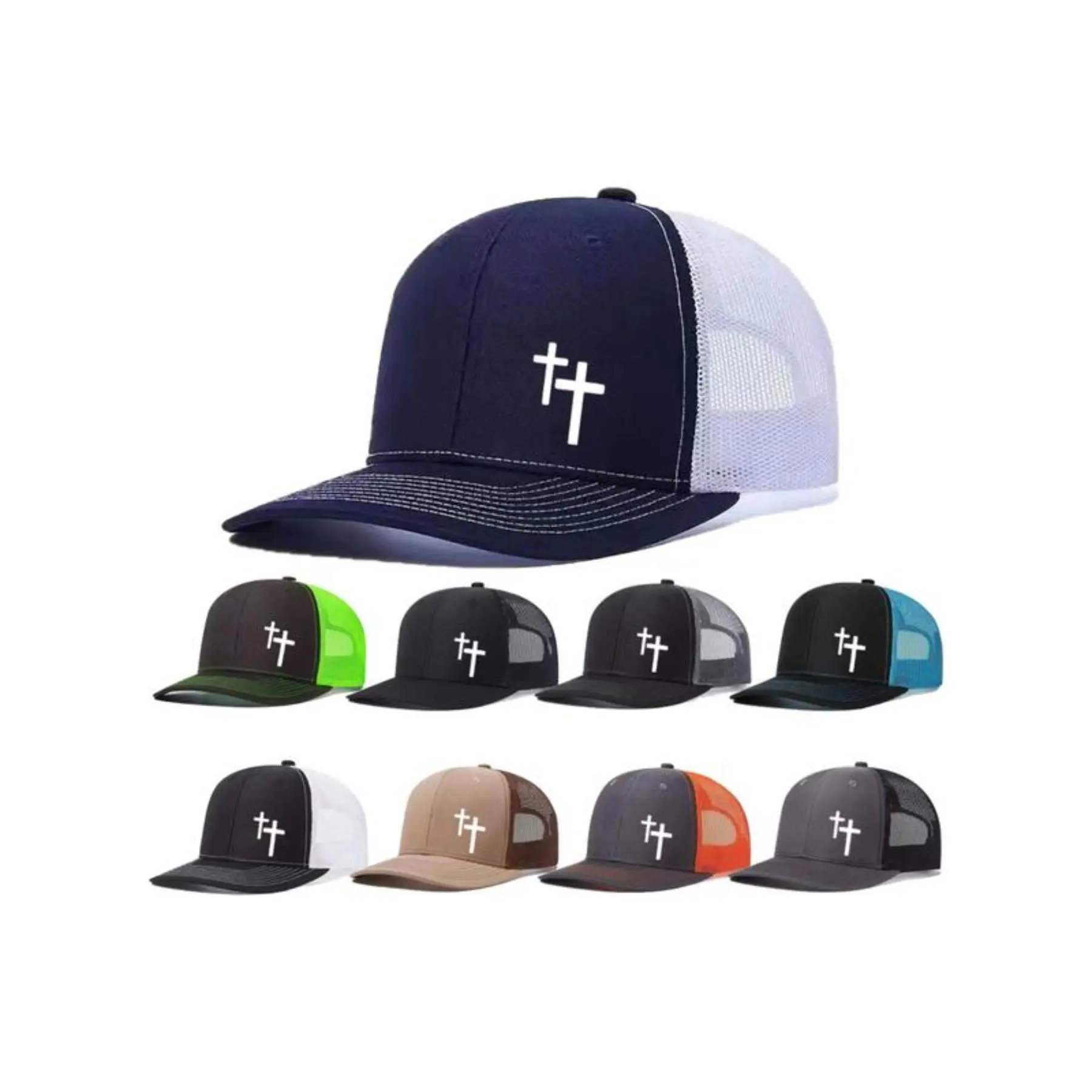 Unisex Classic Snapback Trucker Baseball Cap - Navy, Cross-Print, Sweat-Cool Mesh Back, Adjustable Polyester/Cotton, Lightweight, Durable Faith-Forward Style, Ideal for Everyday Wear, Birthday Gifting, Men's Hats Accessory,sohochic