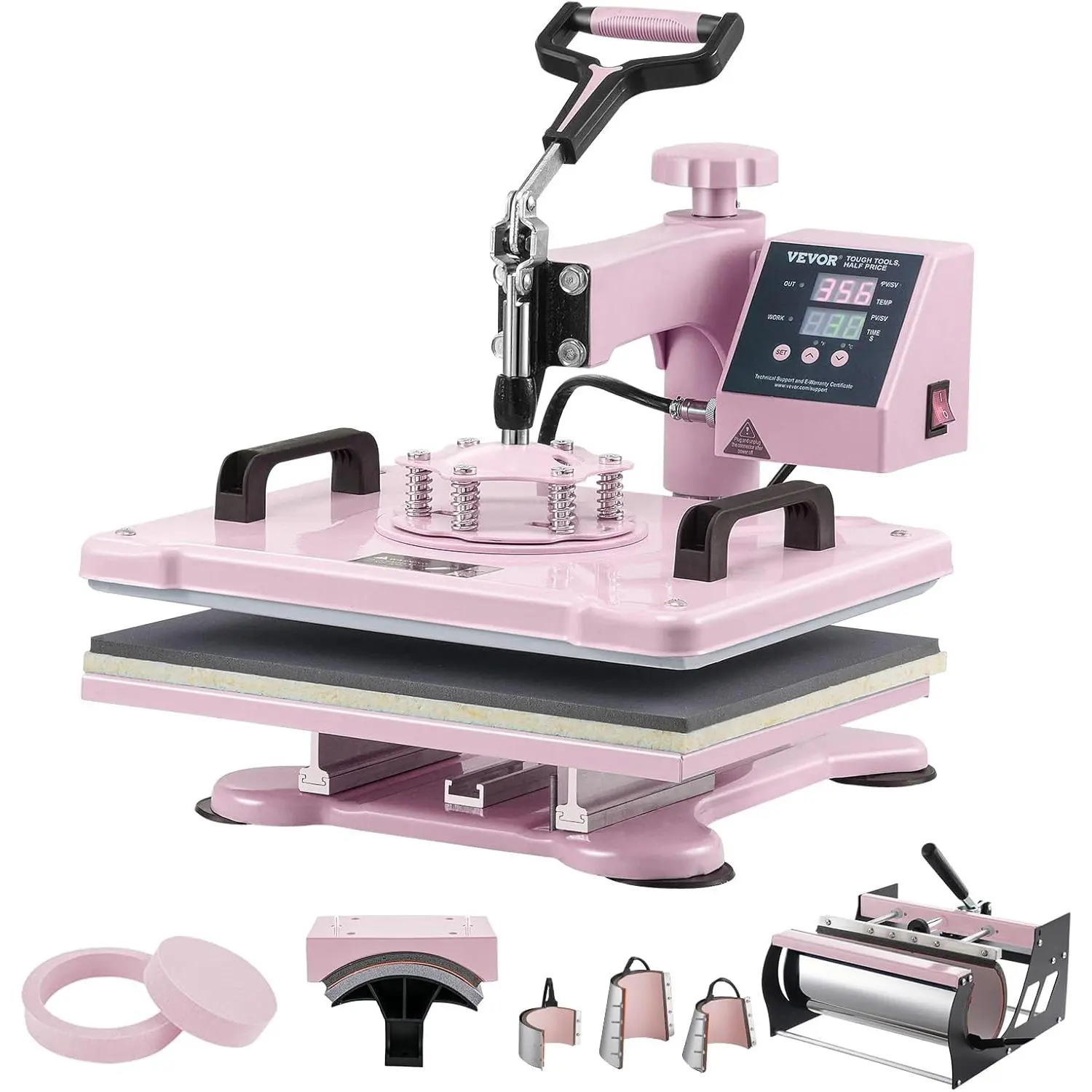 VEVOR 8 in 1 Heat Press Machine Combo with 30 OZ Tumbler Press & Hat Press 12x15 inch Heat Press for T-Shirts, Hats Caps Tumblers Glass Cans Mugs, and Plates (Pink)