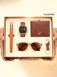 Men's High-Quality Watch Set with Glasses Wallet Pen Keychain, Accessories Set, Perfect Gift for Holidays, Father's Day, Back-To-School, Thanksgiving, Christmas