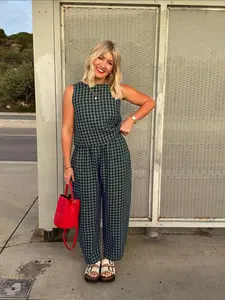 【Plus Size】 Women's Plaid Print Tank Top & Wide Leg Pants, Casual Two-Piece Set for Summer, Women's Clothes for Daily Wear