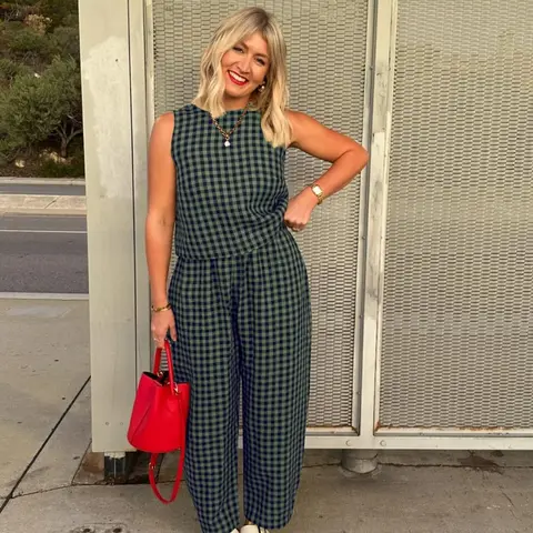 Plus Size Women's Plaid Print Tank Top & Wide-Leg Pants, Casual Two-Piece Set for Summer, Women's Checkered Lounge Set for Daily Wear, Fashion Loungewear Set, Casual Loungewear Outfit