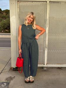 【plus size】 women's plaid print fitted sleeveless tank top & wide leg pants, casual two-piece set for summer, women's clothes for daily wear, womenswear