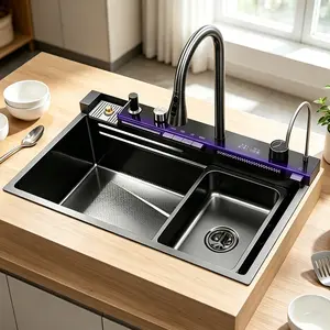 30-in Smart Stainless Steel Single Bowl Kitchen Sink with Digital Temperature Display, Pull-Down Sprayer, 3 Water Modes, Soap Dispenser, Cutting Board, Basket - No Battery Needed, Fits Garbage Disposal