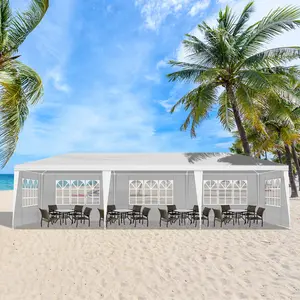 10'x30' White Outdoor Party Tent for Backyard BBQ, Wedding Reception, Flea Market, or Craft Fair - Heavy Duty Waterproof PE Cloth, Removable Sidewalls with Windows, Upgraded Threaded Pipe Connection for Stability