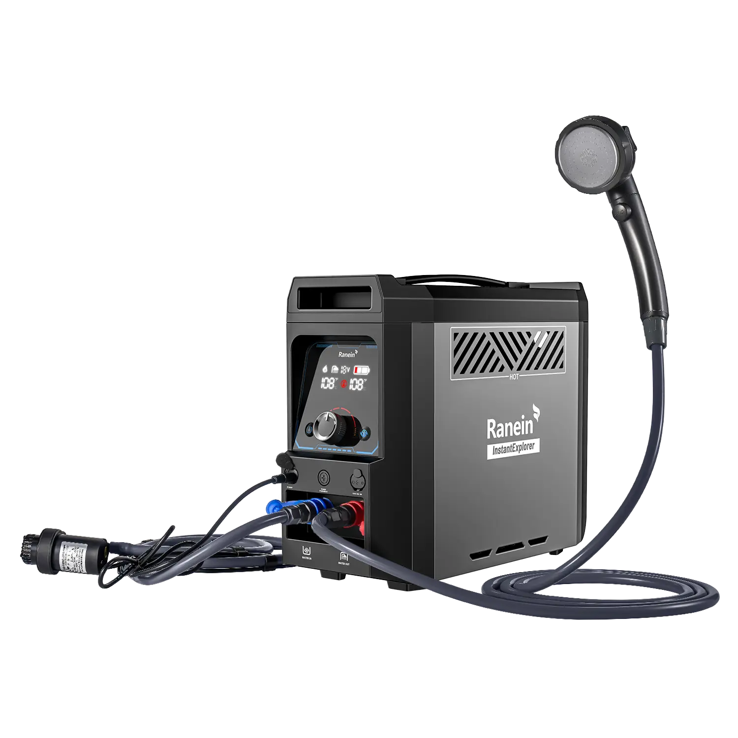 Ranein Portable Camping Water Heater (Carry Handle Model), Propane On-Demand Camping Water Heater, Built-in 4000mAh 1.5-Hour Rechargeable Battery, Compact Outdoor Instant Shower Heater