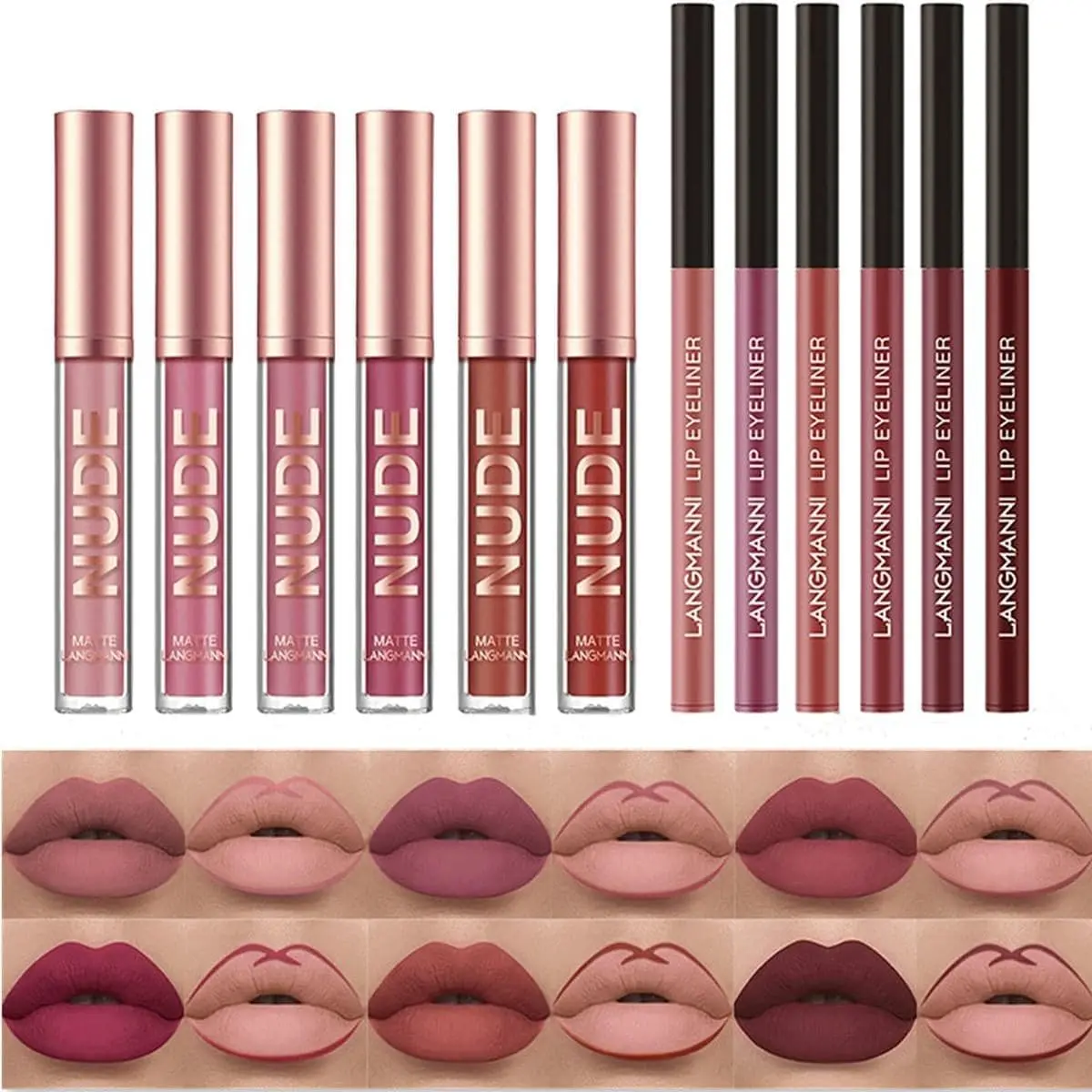 12pcs Lipstick Makeup Set, 6pcs Velvety Matte Liquid Lipsticks + 6pcs Lip Liners Pencil, Waterproof Long Lasting Pigmented Professional Lip Gloss Kit Lip Make Up Gift Kit