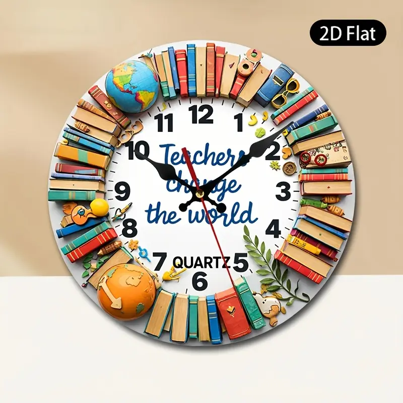 2D flat design. 1 piece set. Artistic textbook elements teacher wall clock, silent decoration wall clock, creative wall clock, suitable for bedroom, living room, and office decoration, 25/30cm (excluding AA batteries), 2D flat version