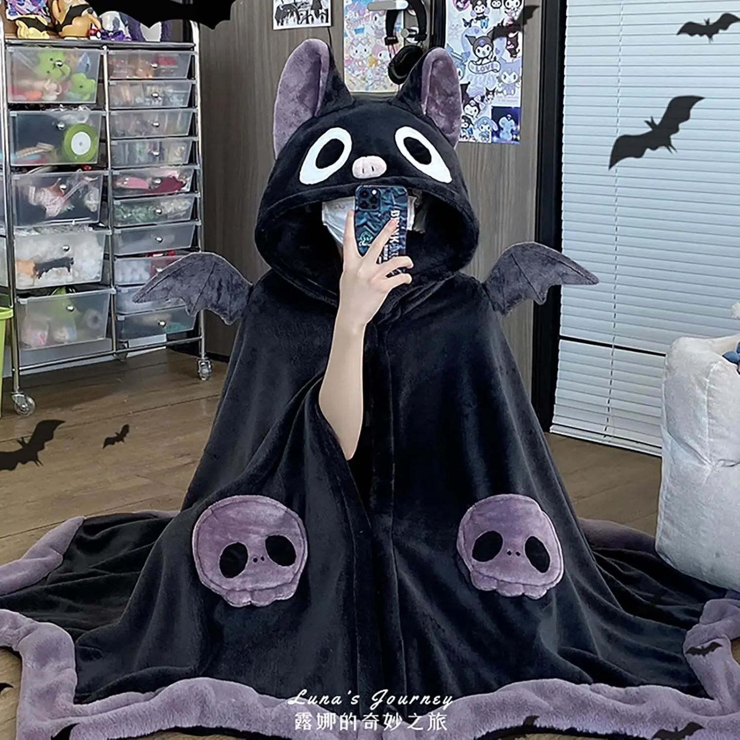 Retro Cute Bat Blanket Hoodie Hood Wearable, Adult for Cosplay Soft Hooded Cape Women, Blouse Design, Vacation Ready, Modern, Wardrobe Essential, On The Go, Classy, All Year Style, Comfy, Tank Top Style