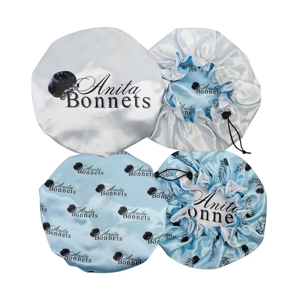 Adjustable Reversible Blue & White Satin Bonnet, Hair Care Fashion Hair Accessory