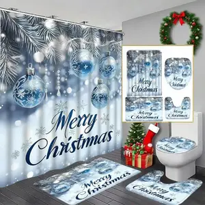1/4pcs Christmas-themed, Waterproof shower curtain set with blue balls and snowflakes, includes a non-slip mat, U-shaped rug, and toilet seat cover. For bathroom decoration, partitioning. Comes with 12 shower curtain hooks