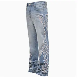 Men's Embroidered Denim Jeans, Heavy Craft Button Fly Design, Fitted Casual Elastic Bell Bottoms, Comfortable Fashion Style, Streetwear